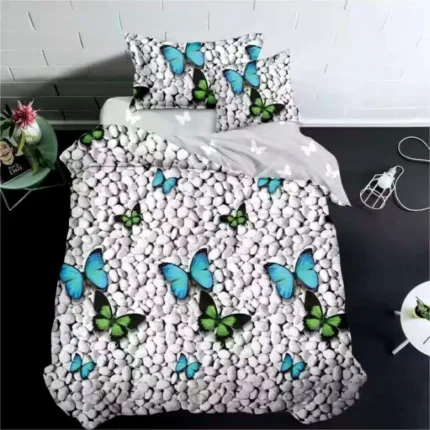 3D единичен спален комплект с пеперуди върху камъни - 4 части, 100% памук