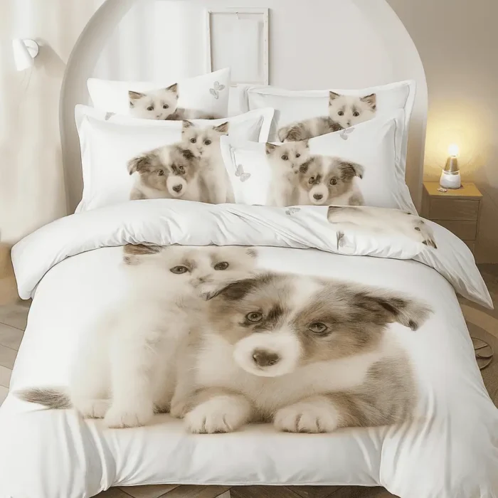 3D комплект спално бельо с ластик в бяло с куче и коте - 4 части, поликотън