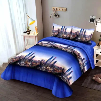 3D спален комплект в синьо с небостъргачи - 4 части, поликотън